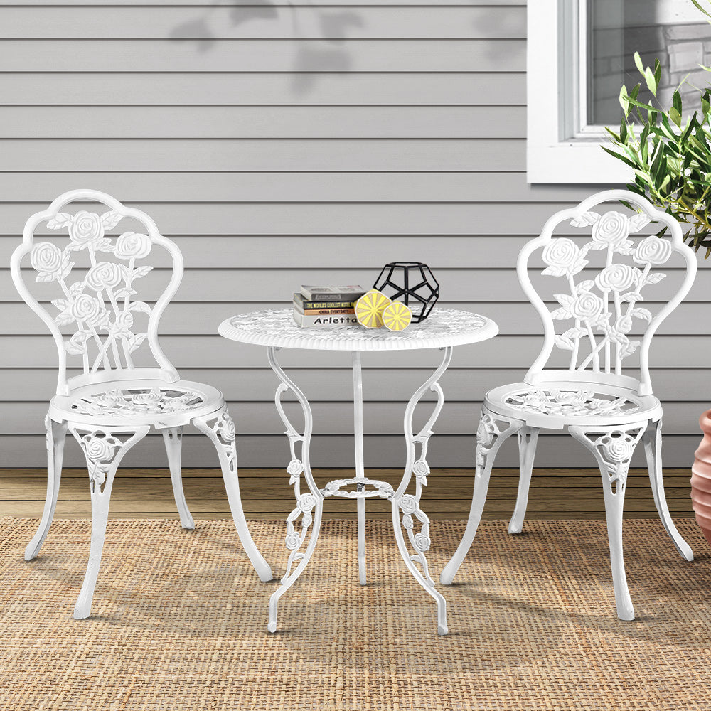 Haven 3PC Outdoor Setting Bistro Set Chairs Table Cast Aluminum Patio Furniture Rose White