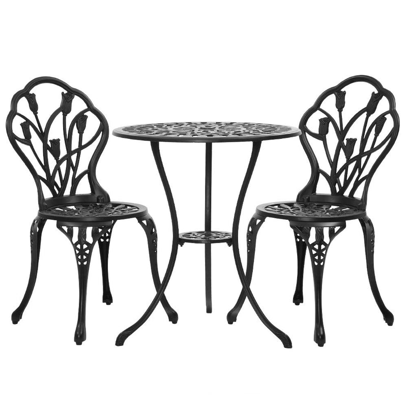 Gardeon 3PC Outdoor Setting Bistro Set Chairs Table Cast Aluminum Patio Furniture Tulip Black