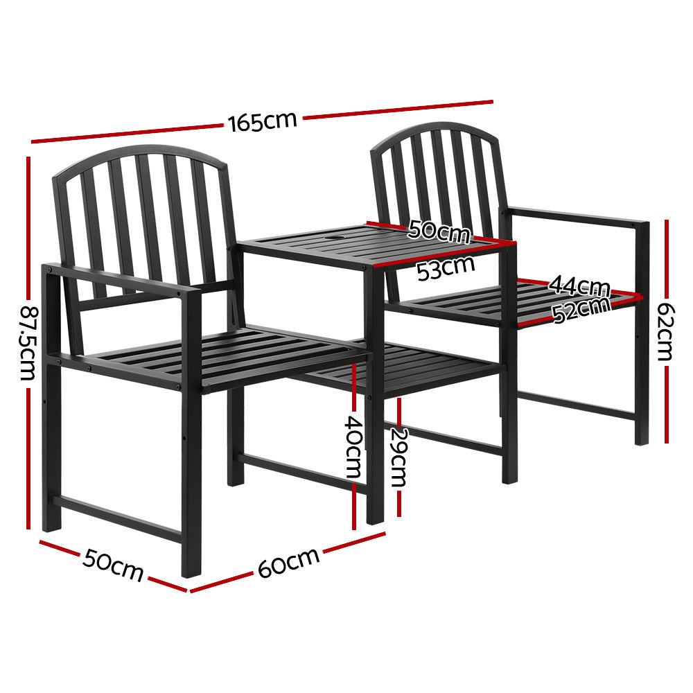 Alderon Steel Loveseat Bench with Table – Black – Outdoor