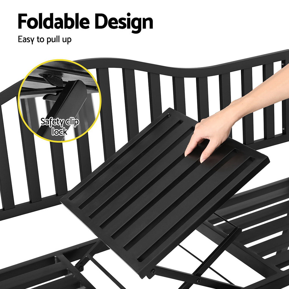Marston Steel Garden Bench with Foldable Table – Black – Outdoor
