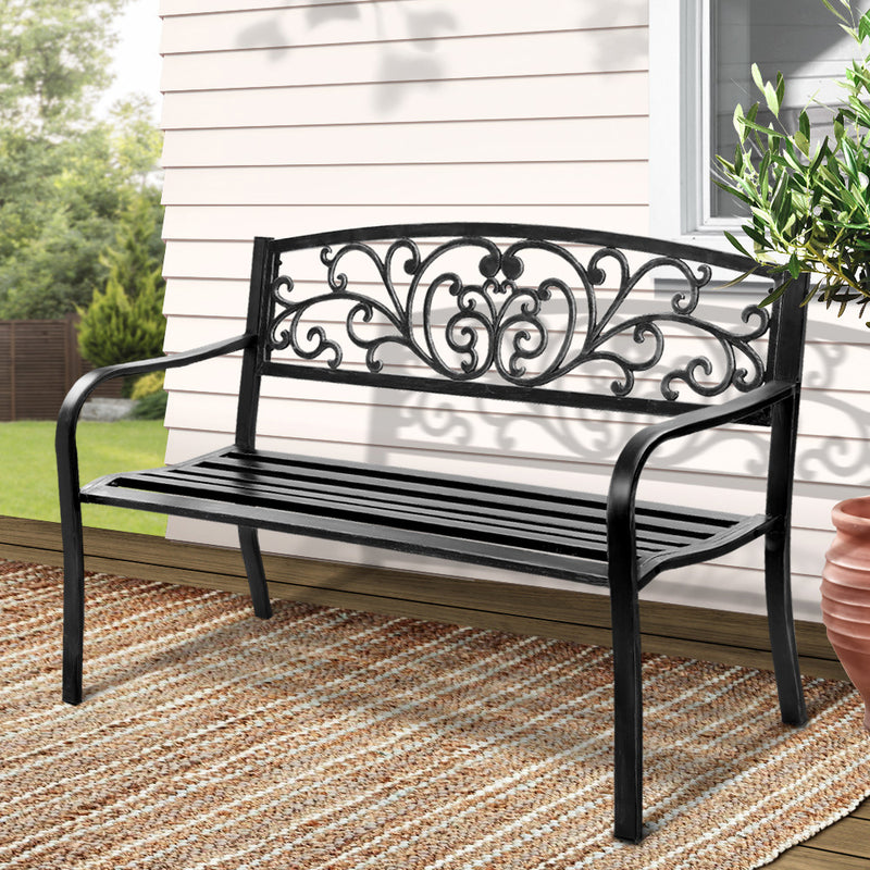 Steel Outdoor 3 Seater Garden Bench - Black