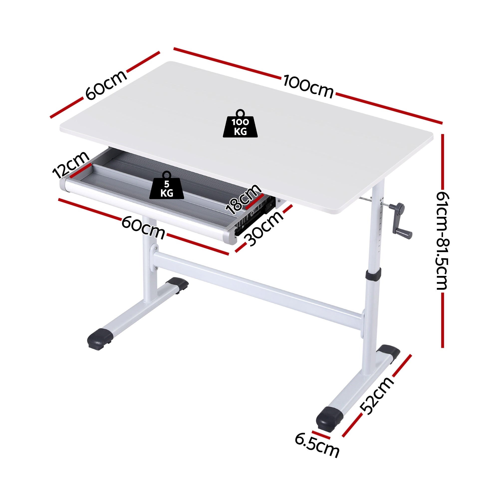 Scholar Manual Height Adjustable Desk – White – 100cm