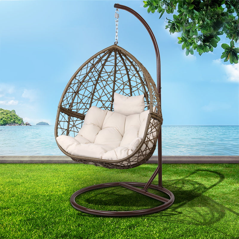 Wicker Rattan Egg Swing Chair – Latte with Cushion & Stand