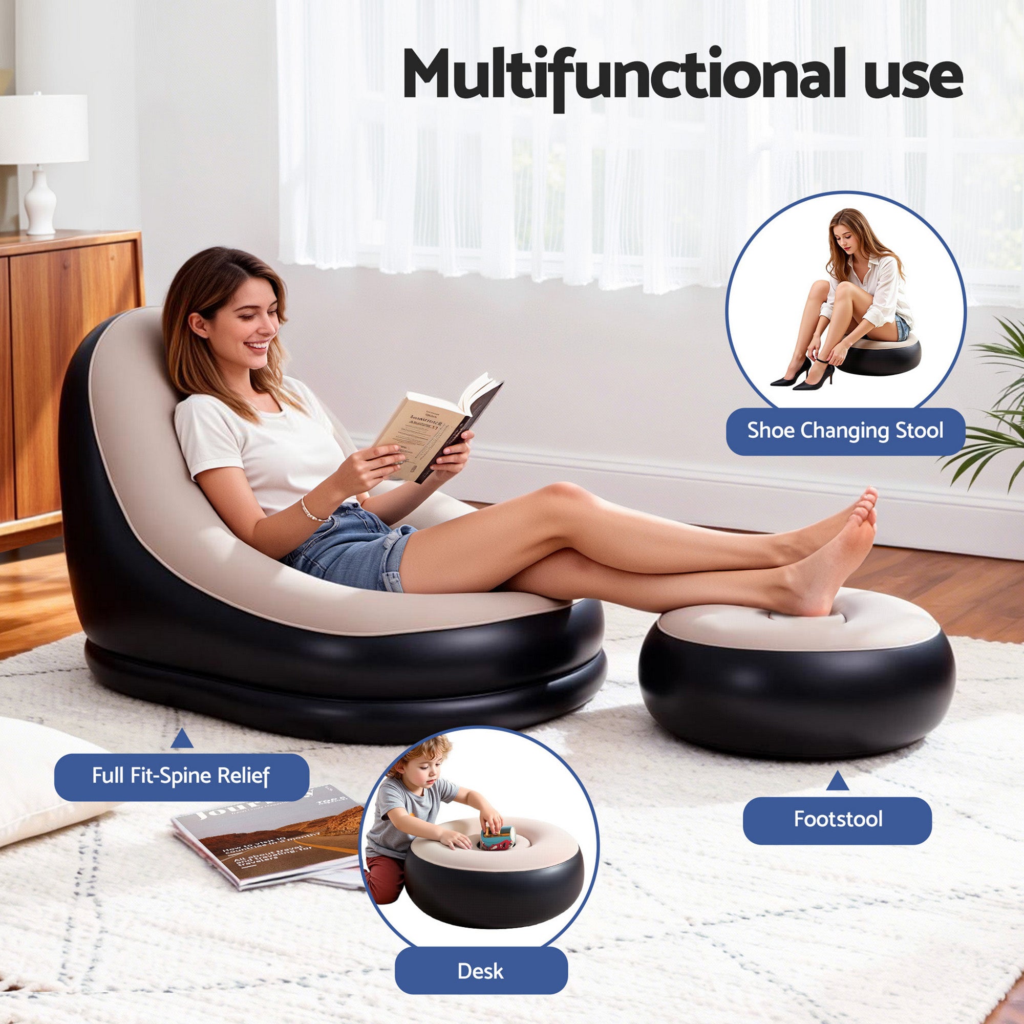 Recliner Inflatable Chair with Ottoman – Brown – Single