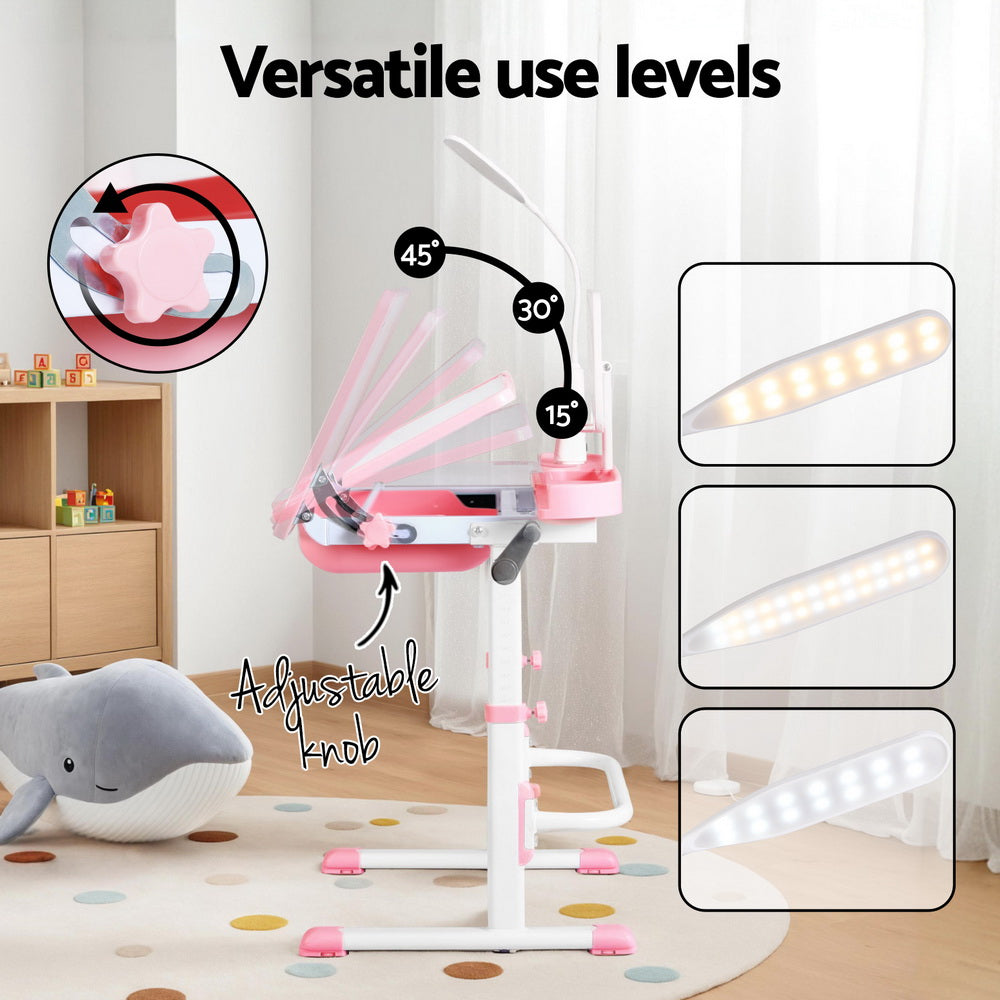Alderon Kids Study Desk & Chair Set – Pink – LED Lamp