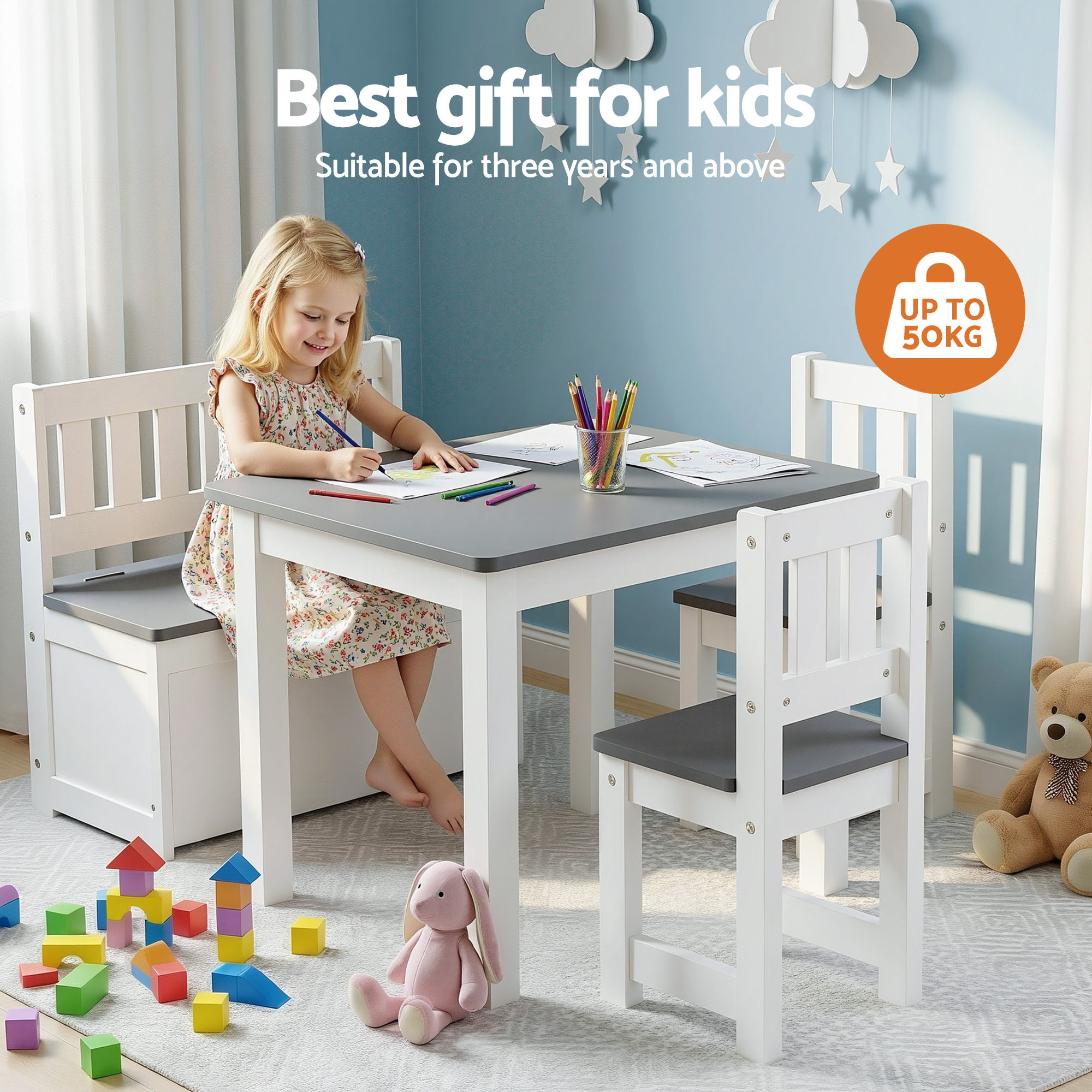 Haven Kids Activity Table Set with Bench – Grey – 4 Piece