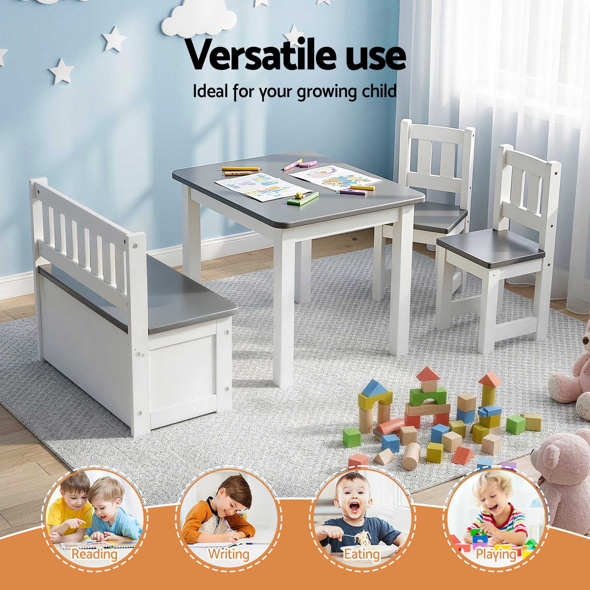 Haven Kids Activity Table Set with Bench – Grey – 4 Piece