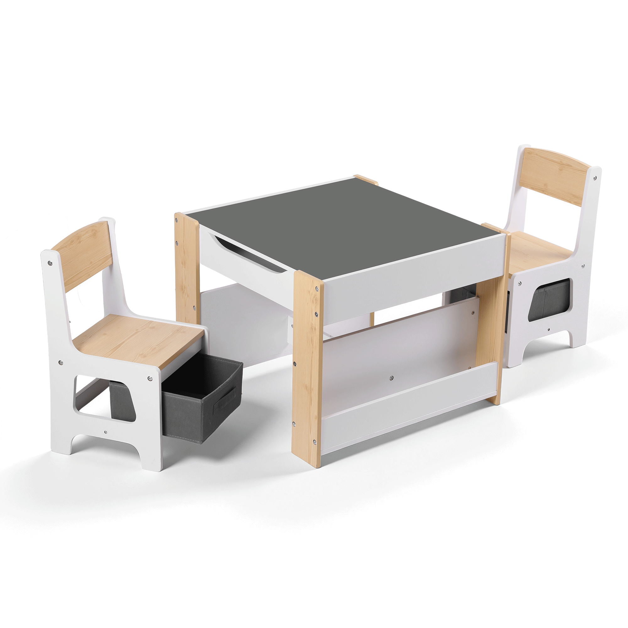 Kids Table and Chair Set, 4 in 1 Wooden Activity Table with Bookcase, Storage Box and Detachable Blackboard, Toddler Table and 2 Chairs Set, Natural