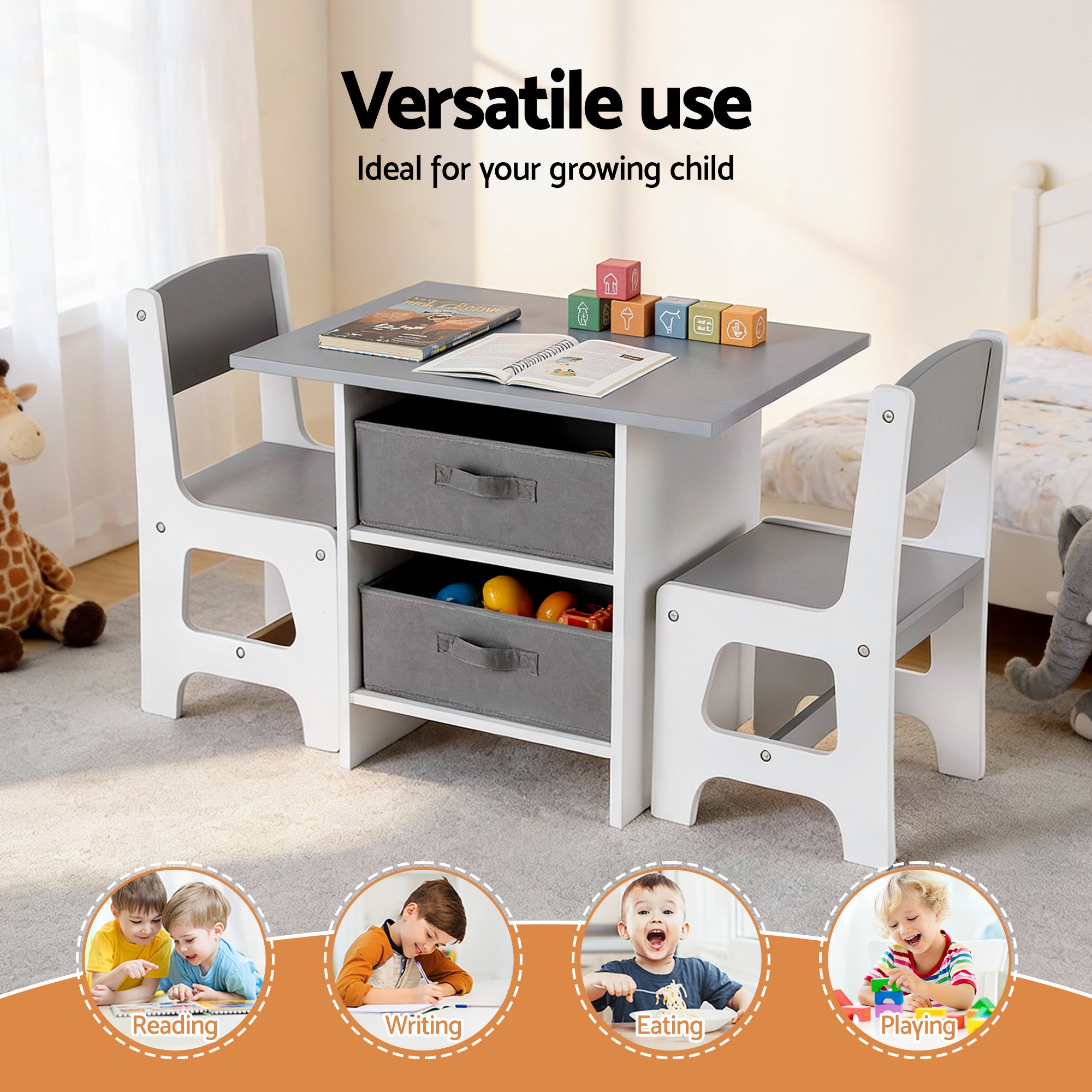 Marlo Kids Activity Table Set with Storage – Grey – 3 Piece