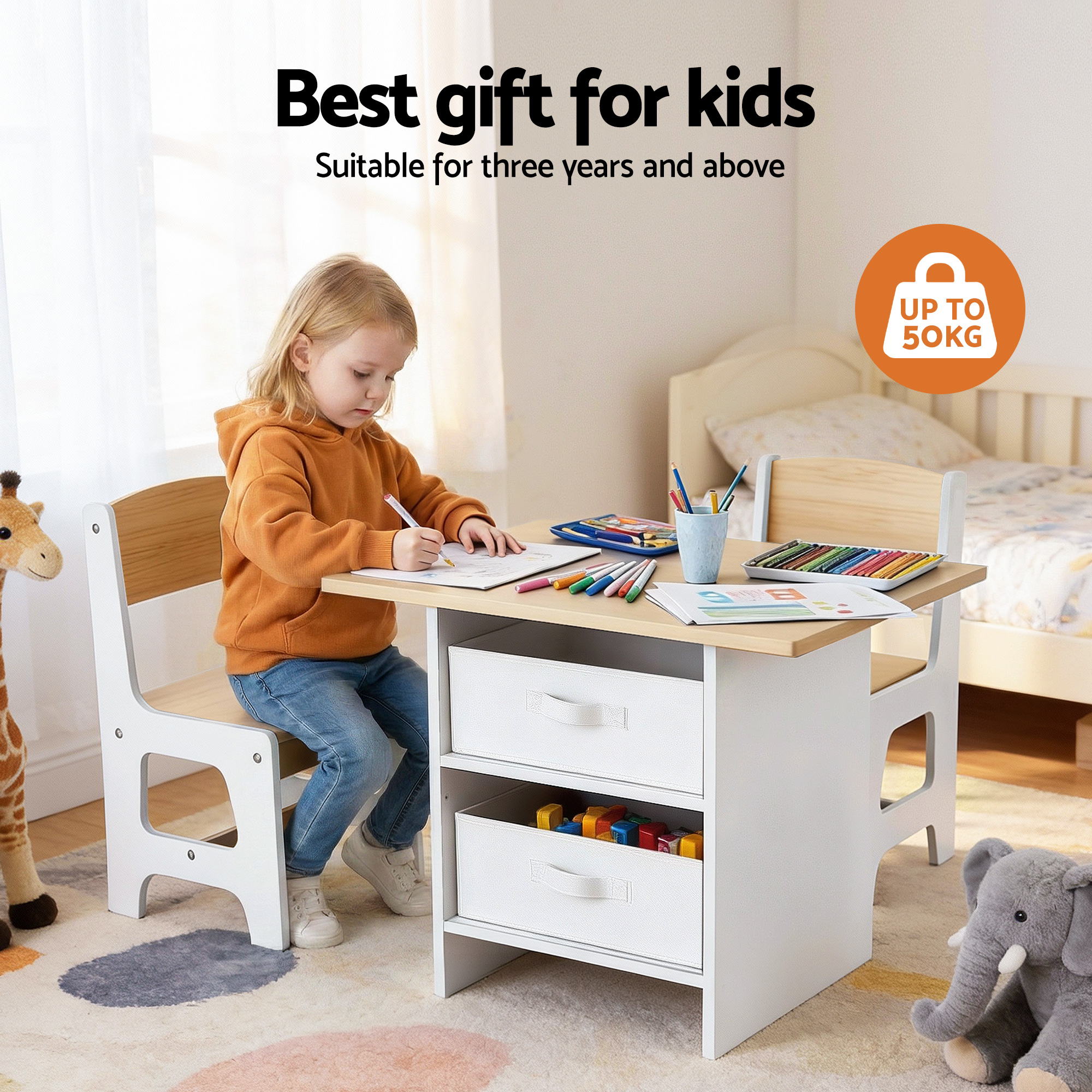 Marlo Kids Activity Table Set with Storage – Natural – 3 Piece