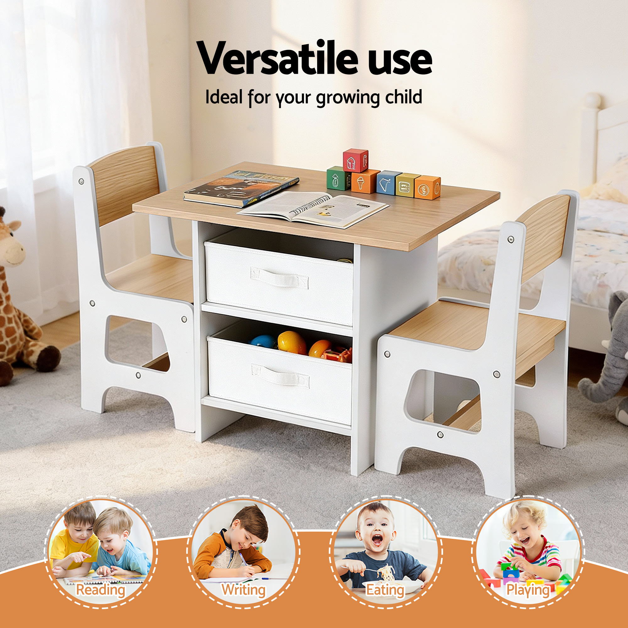 Marlo Kids Activity Table Set with Storage – Natural – 3 Piece