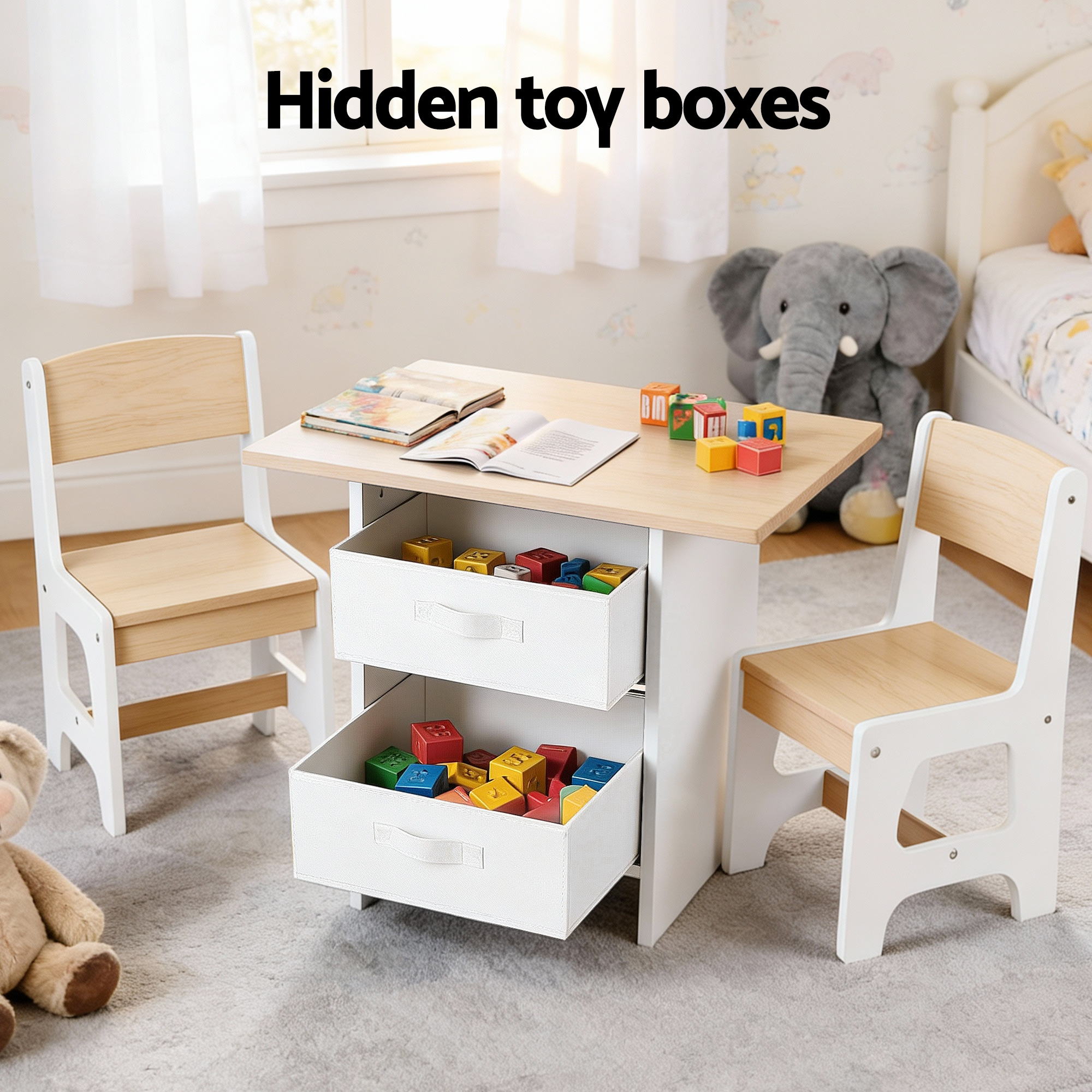 Marlo Kids Activity Table Set with Storage – Natural – 3 Piece