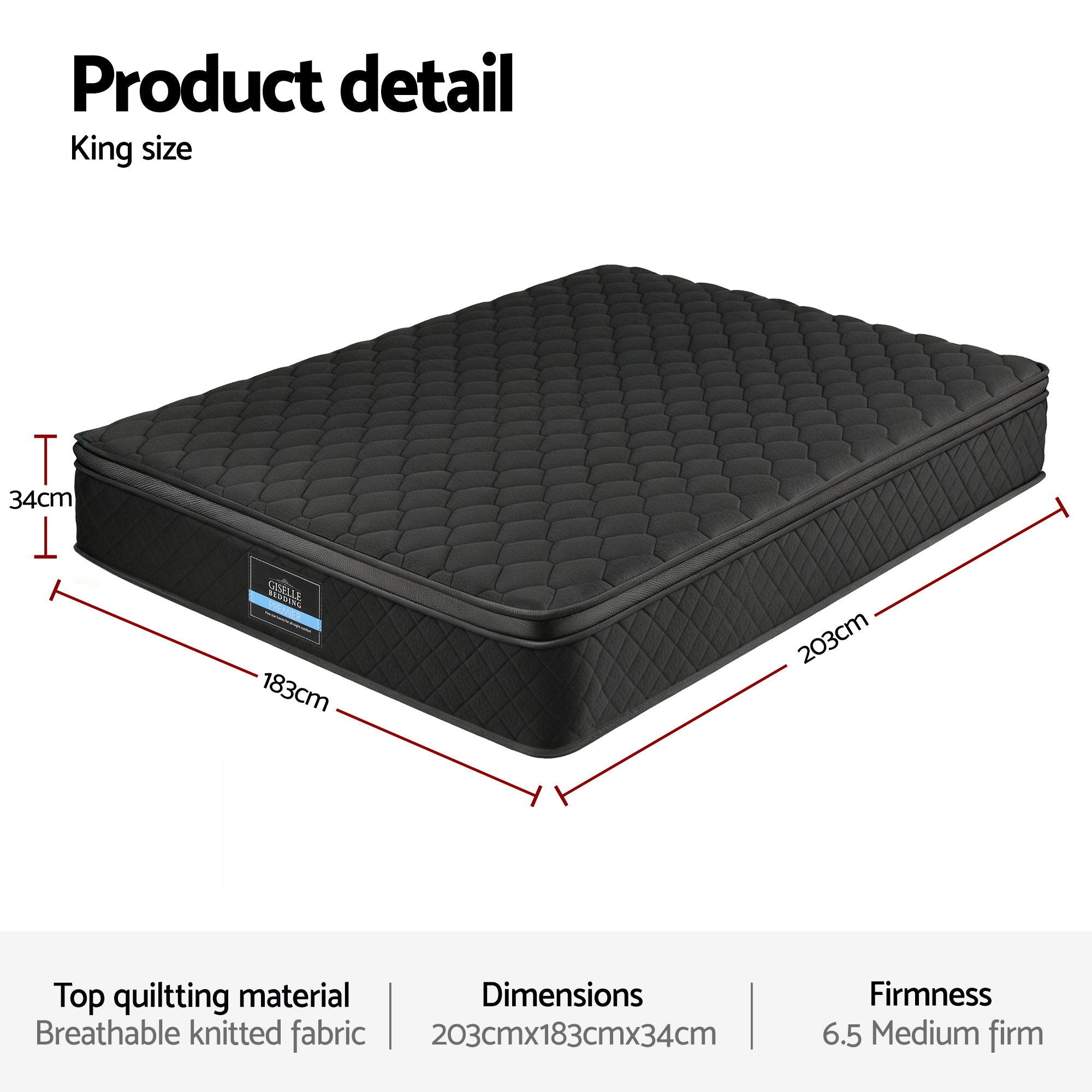 Atlas Mattress 34cm Euro Top 5-Zone Pocket Spring Black – King