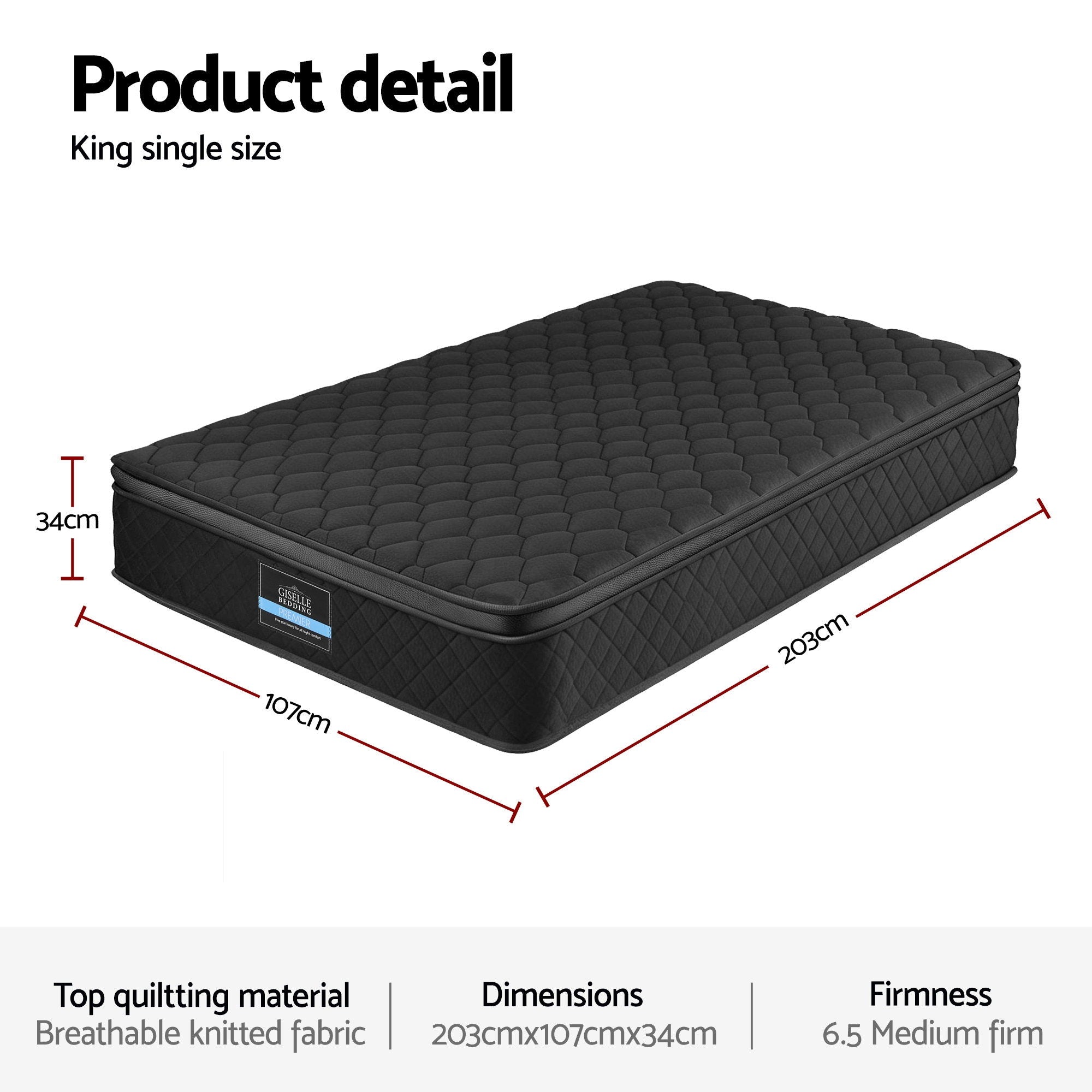Linden Mattress 34cm Euro Top 5-Zone Pocket Spring Black – King Single