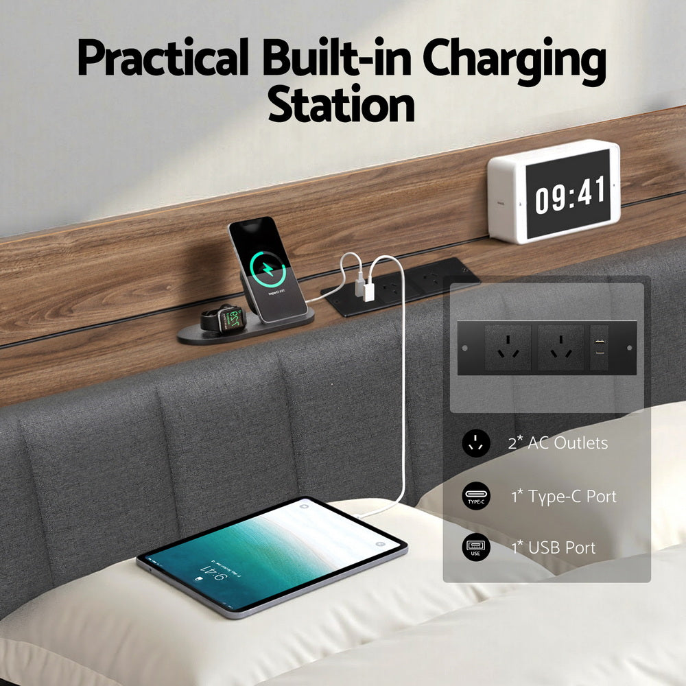 Rowan Storage Bed Frame with Charging Station – Grey – King
