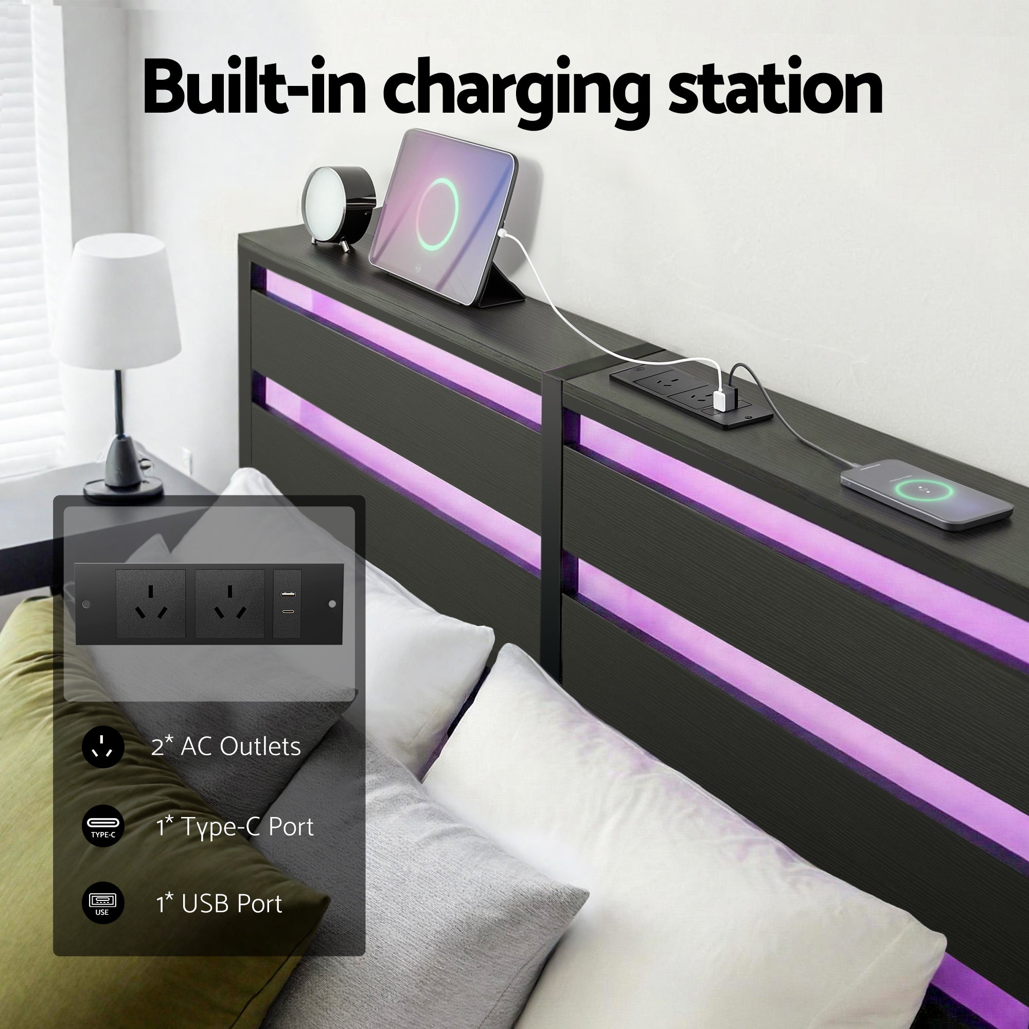 Portos LED Metal Bed Frame with Charging Station – Black – Double