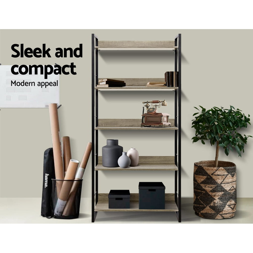 Noe Industrial Display Shelf – Black & Oak – 5 Tiers