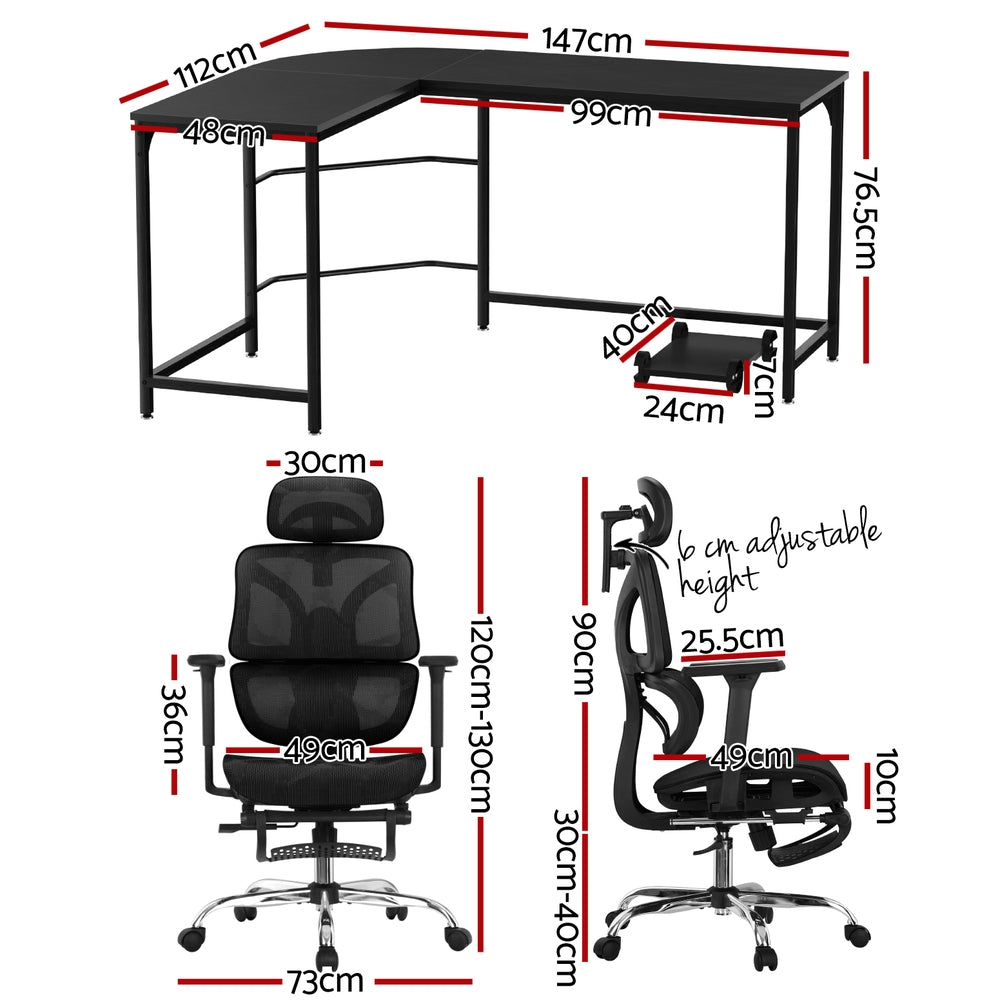 Callan L-Shape Computer Desk and Ergonomic Mesh Chair Set – Black