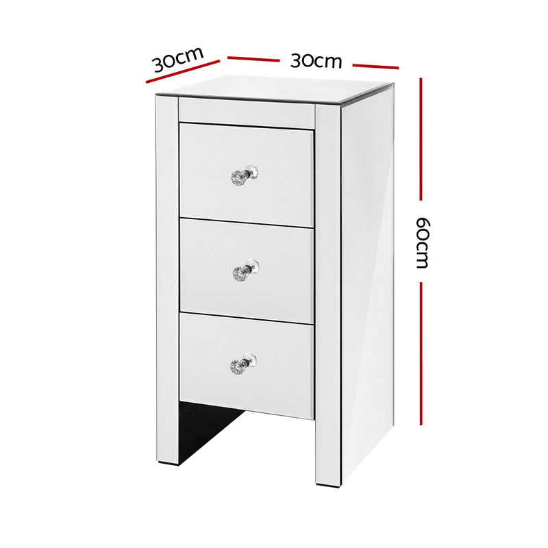 3 Drawer Bedside Table Mirrored - Silver