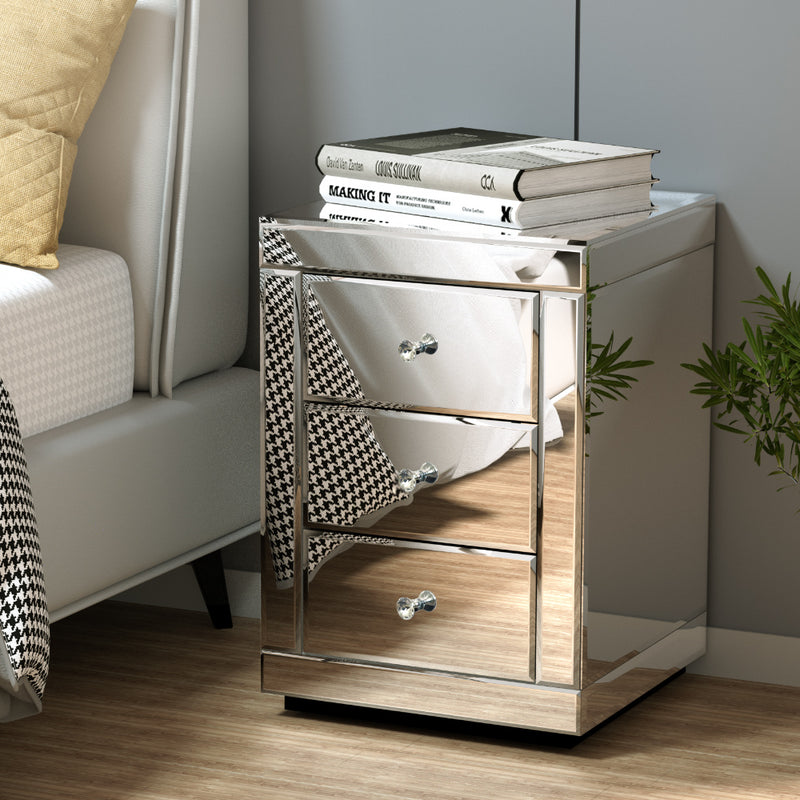 3 Drawers Mirrored Bedside Table - Silver