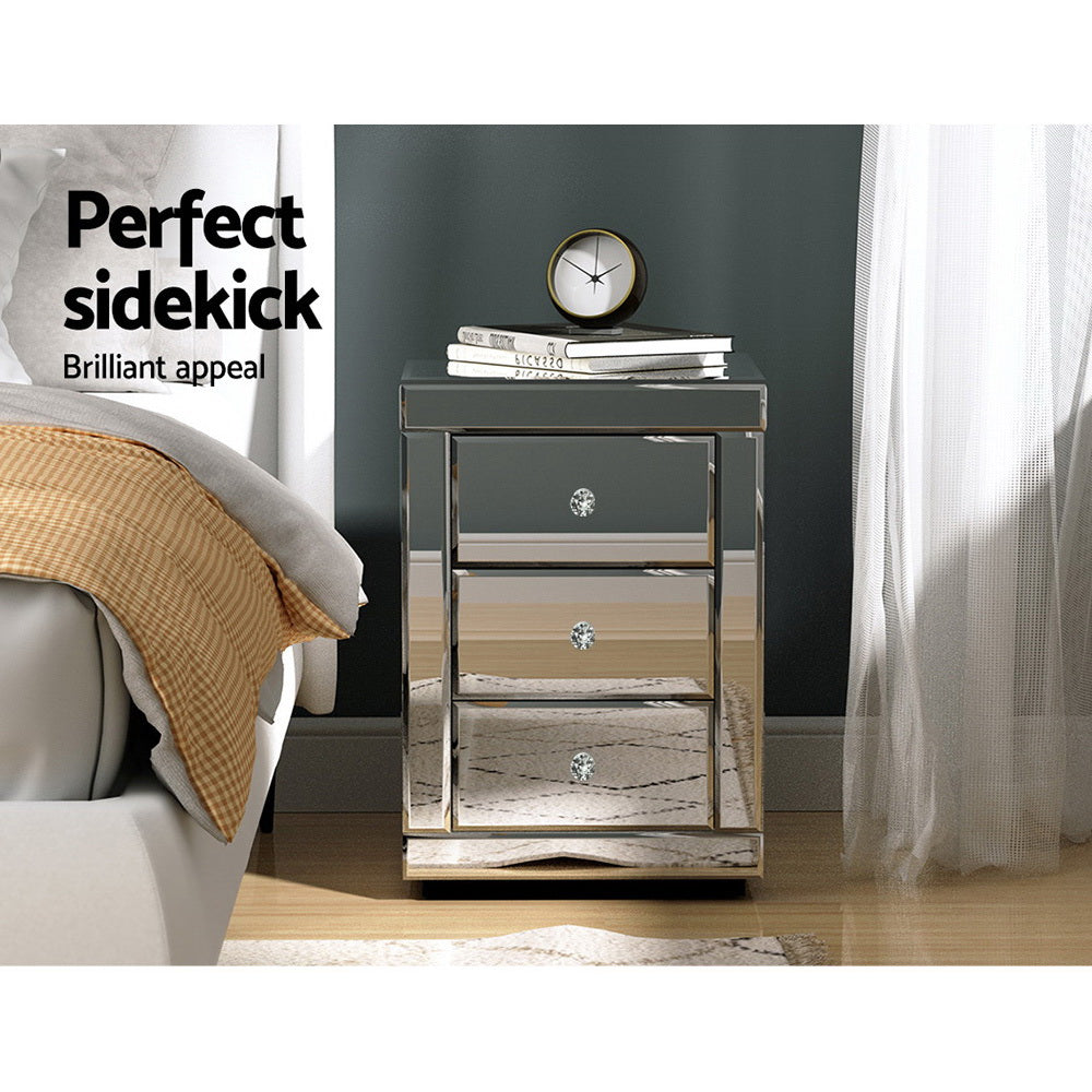 Presia Mirrored Bedside Tables – Silver – Set of 2
