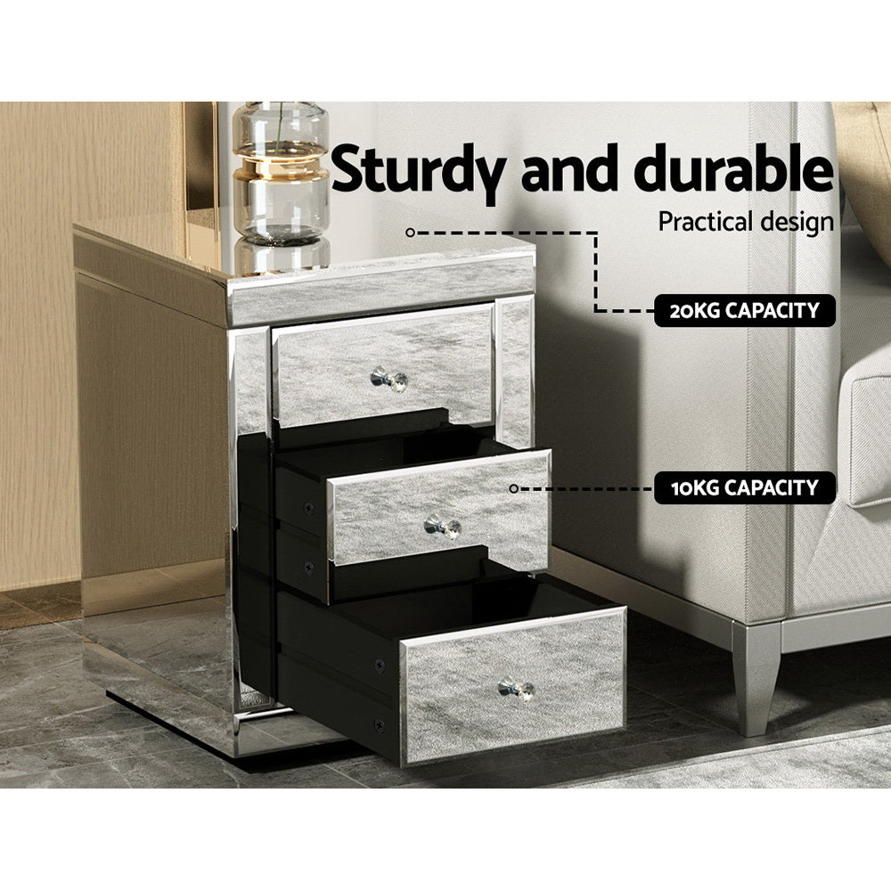 Presia Mirrored Bedside Tables – Silver – Set of 2