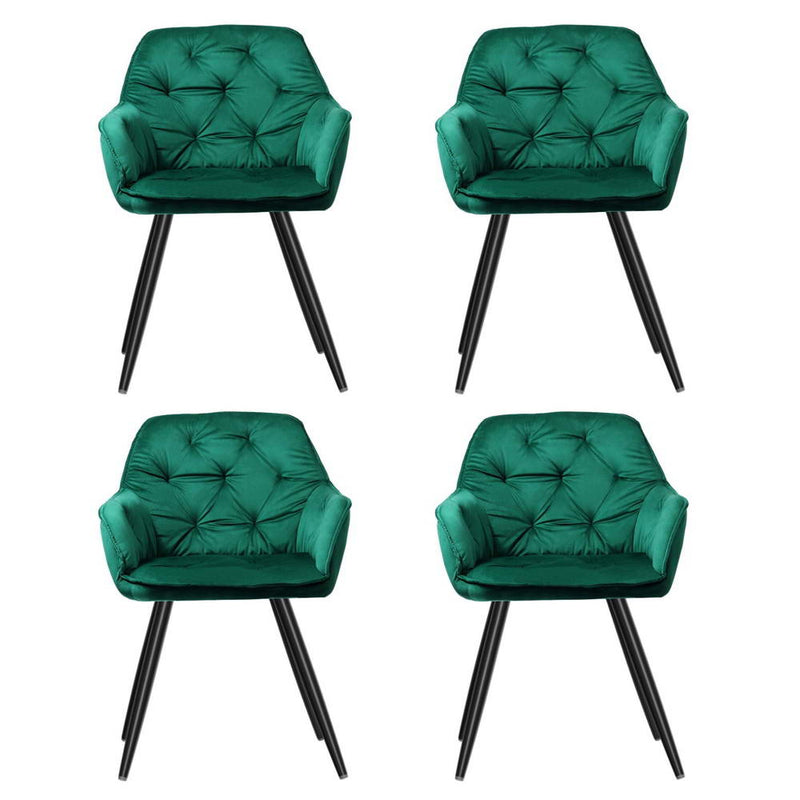 4 x Velvet Armchairs – Diamond Tufted Back, Green Finish