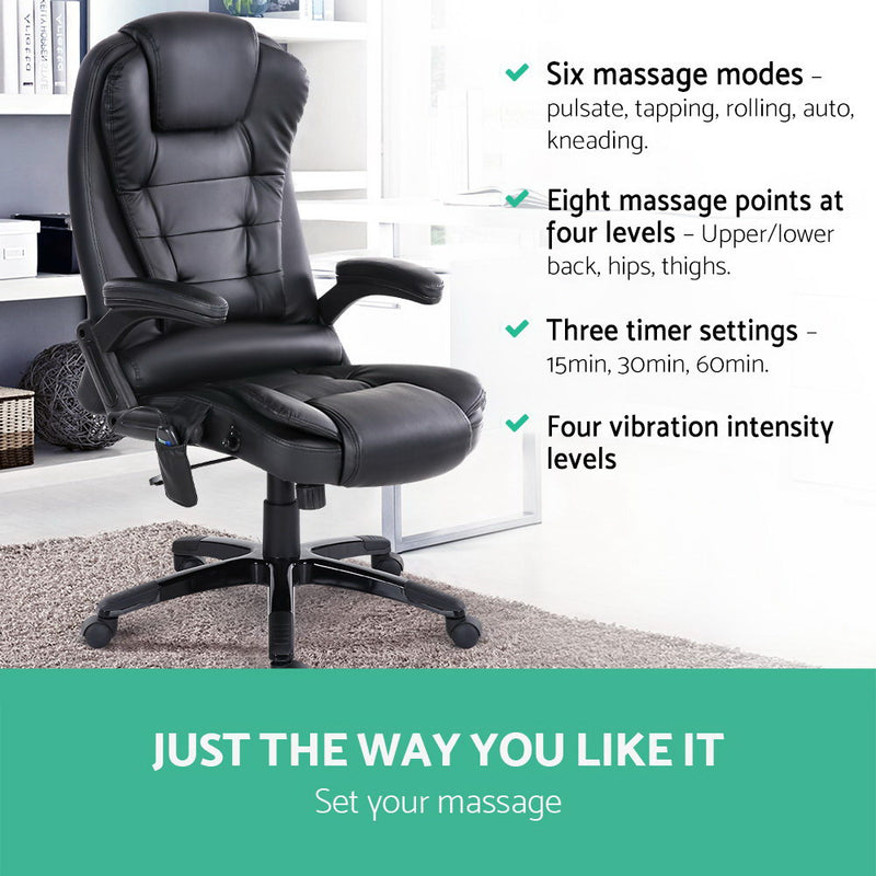 Leather 8 Point Heated Massage Office Chair - Black