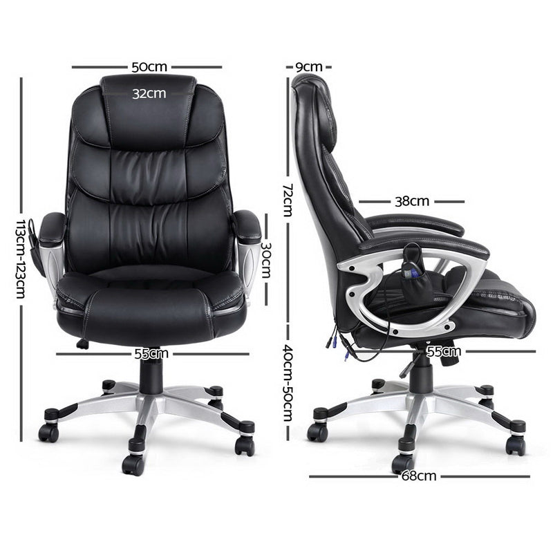 8 Point Leather Massage Office Chair w/Heated Seat - Black