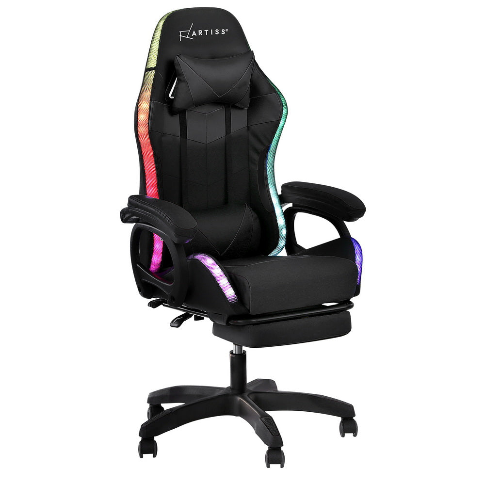 Gaming Office Chair 12 RGB LED Massage Computer Work Seat Footrest Black
