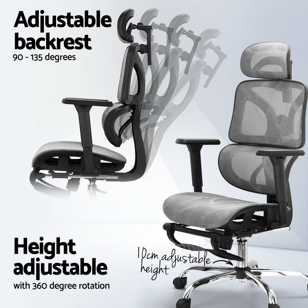 Zenith Ergonomic Office Chair with Footrest – Grey – Standard