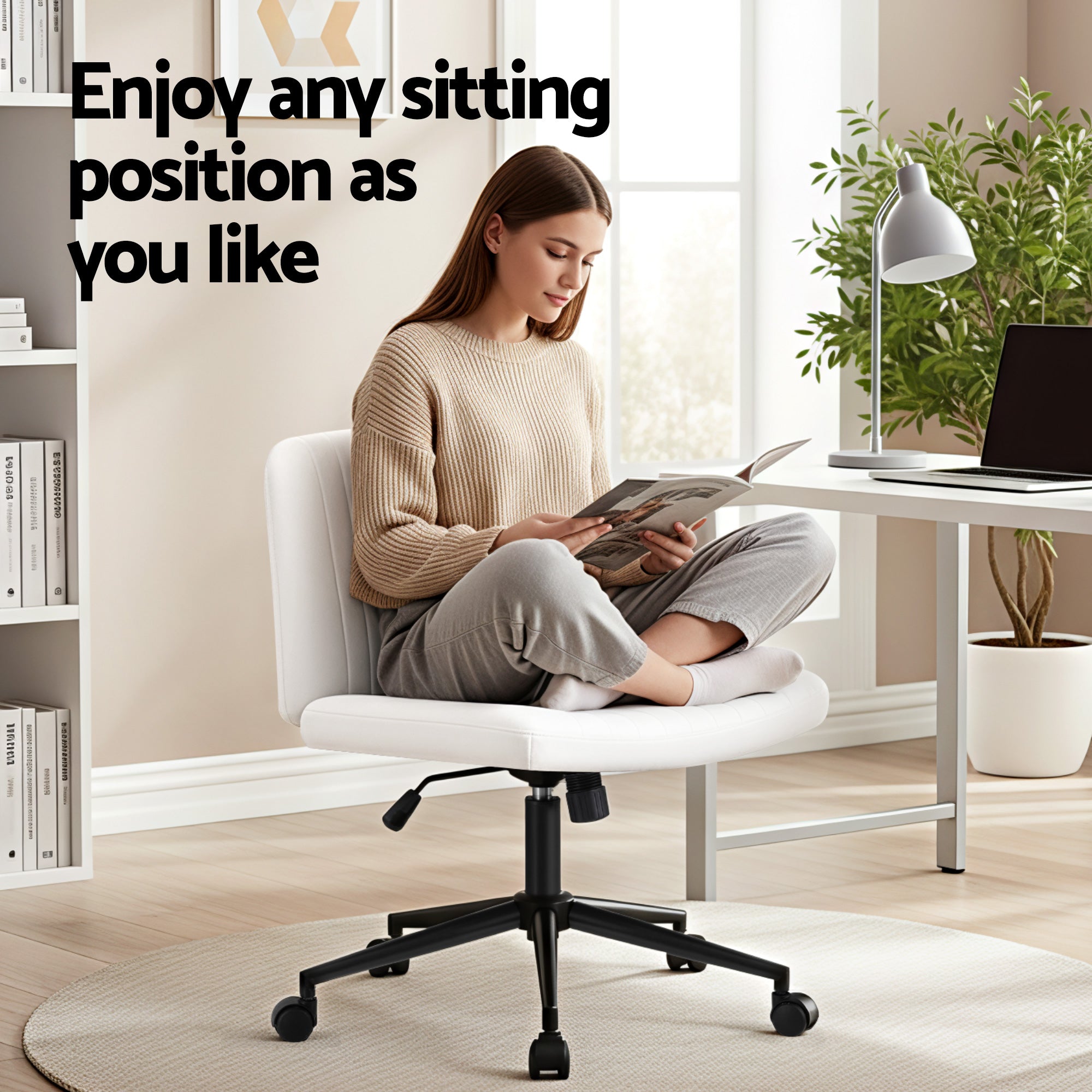 Serano Cross-Legged Office Chair – White – With Wheels