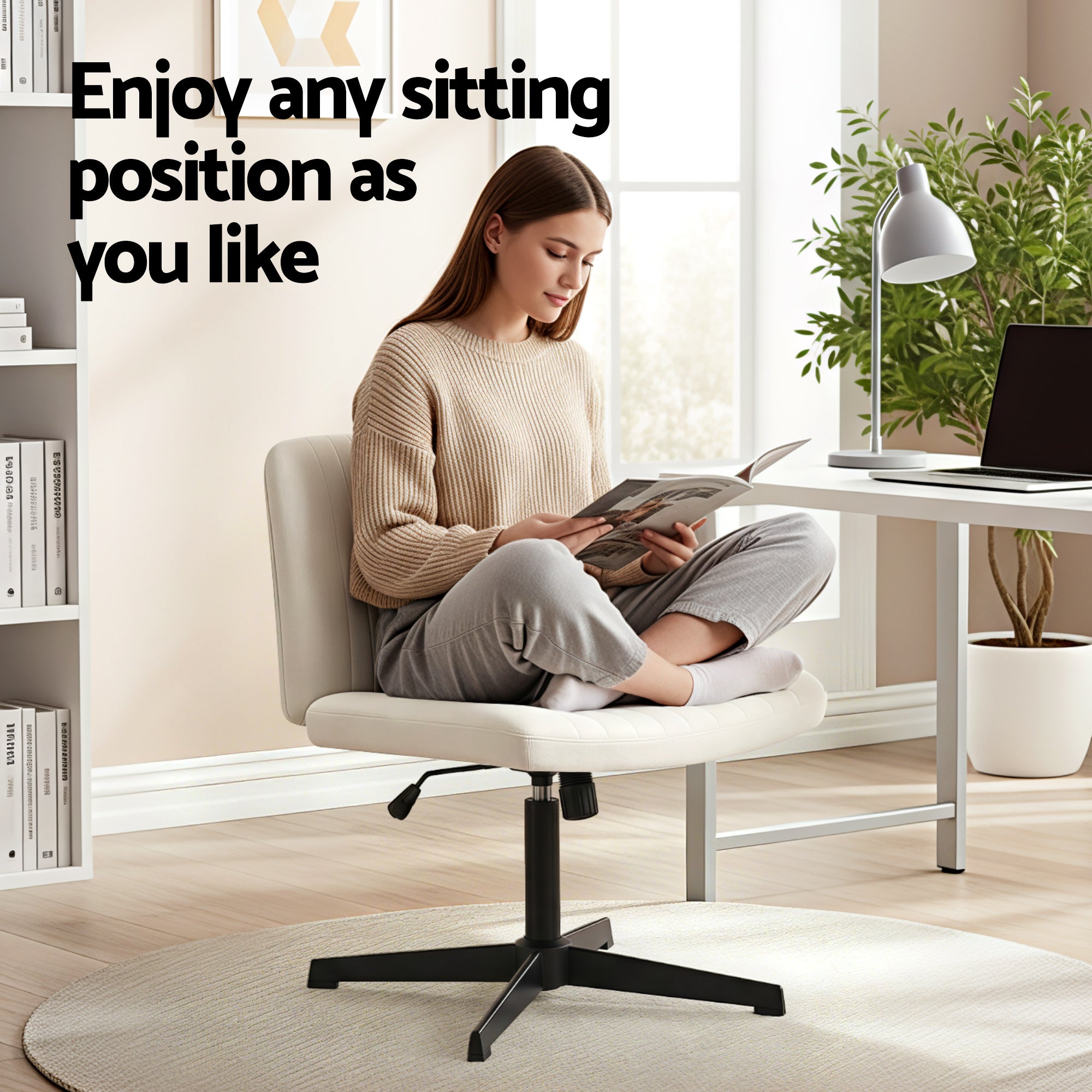 Alderon Cross-Legged Office Chair – Beige – No Wheels