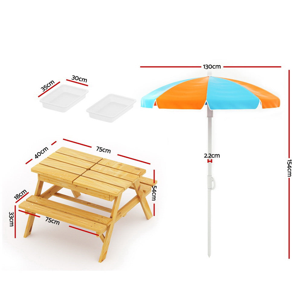 Serano Kids Picnic Table Set – Brown / Wood – Sand Pit & Umbrella