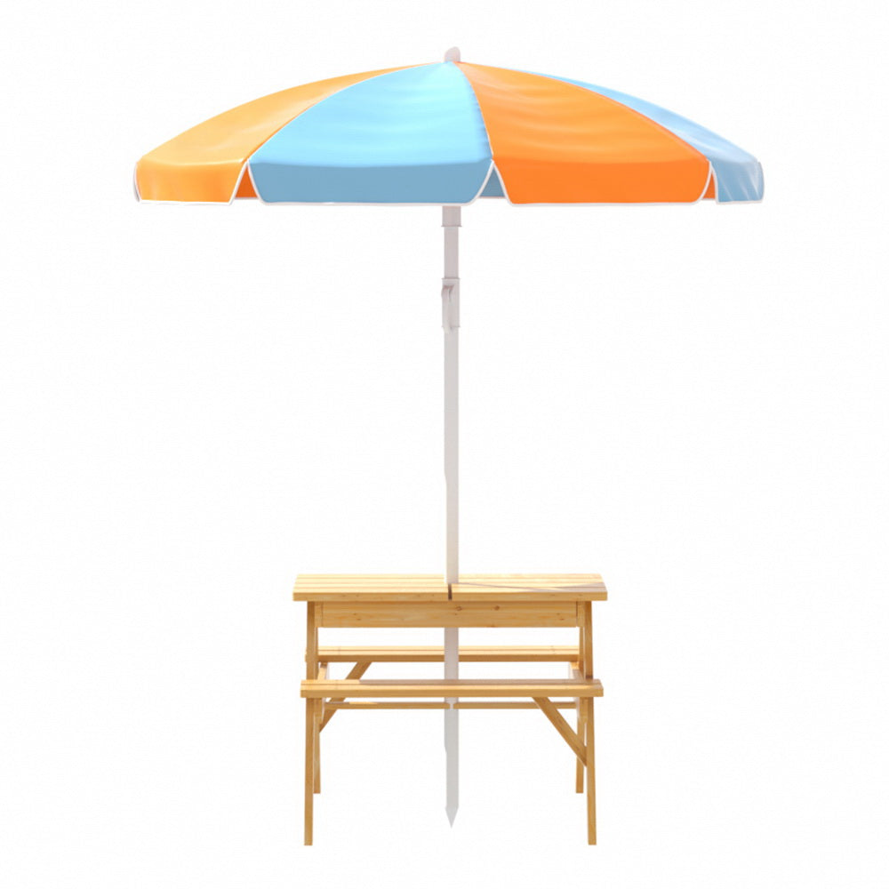 Serano Kids Picnic Table Set – Brown / Wood – Sand Pit & Umbrella