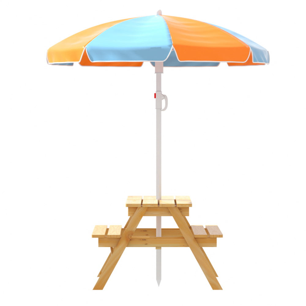 Serano Kids Picnic Table Set – Brown / Wood – Sand Pit & Umbrella