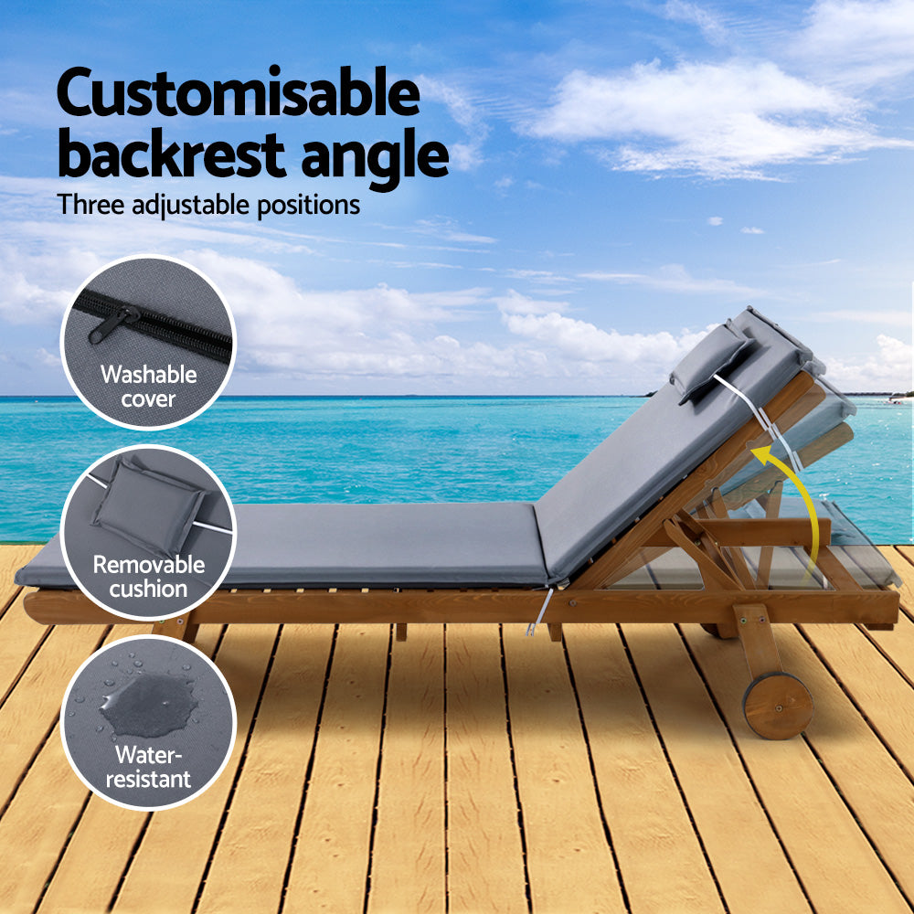 Cortina Wooden Sun Lounger – Grey Cushion – Wheels