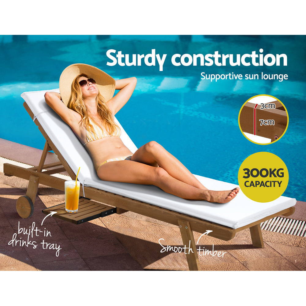 Valencia Wooden Sun Lounger – White Cushion – Wheels