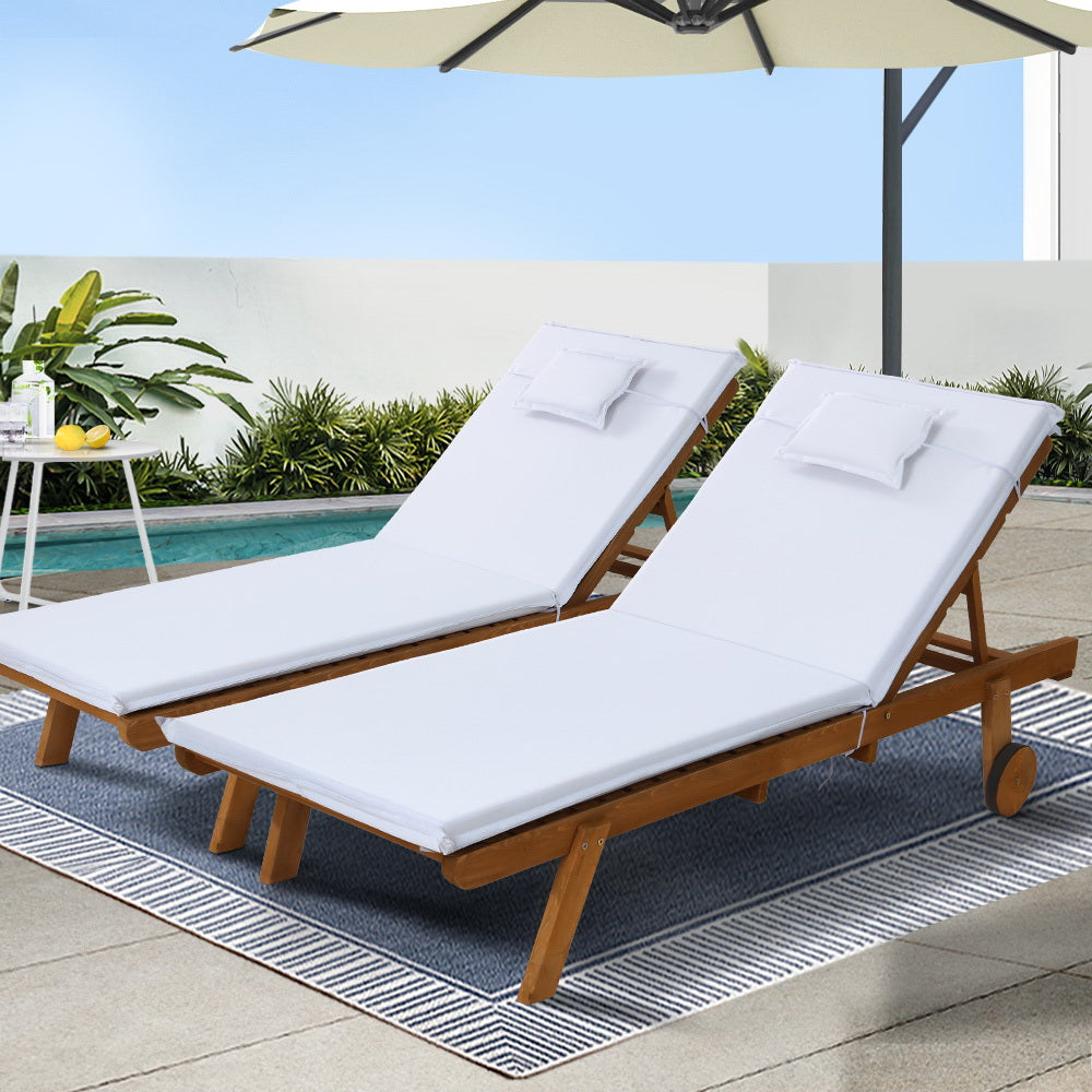 Nova 2x Sun Lounge Wooden Lounger Outdoor Furniture Day Bed Wheel Patio White