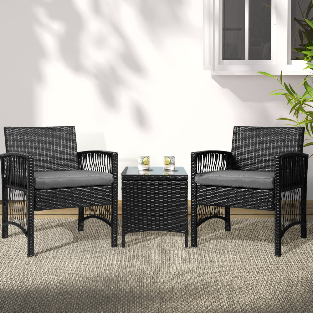Rowan 3PC Outdoor Bistro Set Patio Furniture Wicker Dining Chairs Table Cushion Black