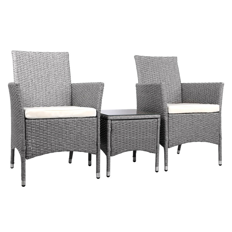 Gardeon 3PC Outdoor Bistro Set Patio Furniture Wicker Setting Chairs Table Cushion Grey