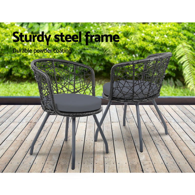 3 PC Outdoor Rattan Table & Chairs - Black