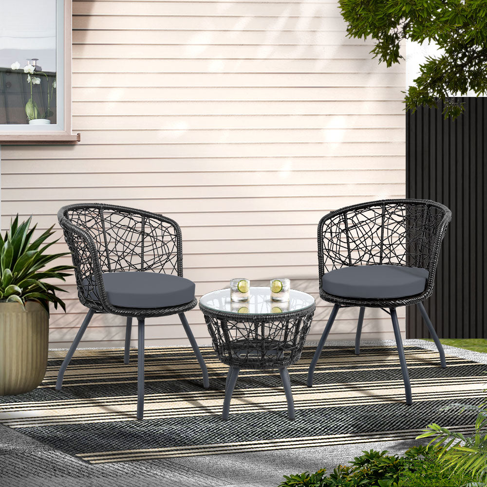 Atlas 3PC Bistro Set Outdoor Furniture Rattan Table Chairs Patio Garden Cushion Black