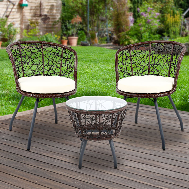 3 PC Outdoor Rattan Table & Chairs - Brown
