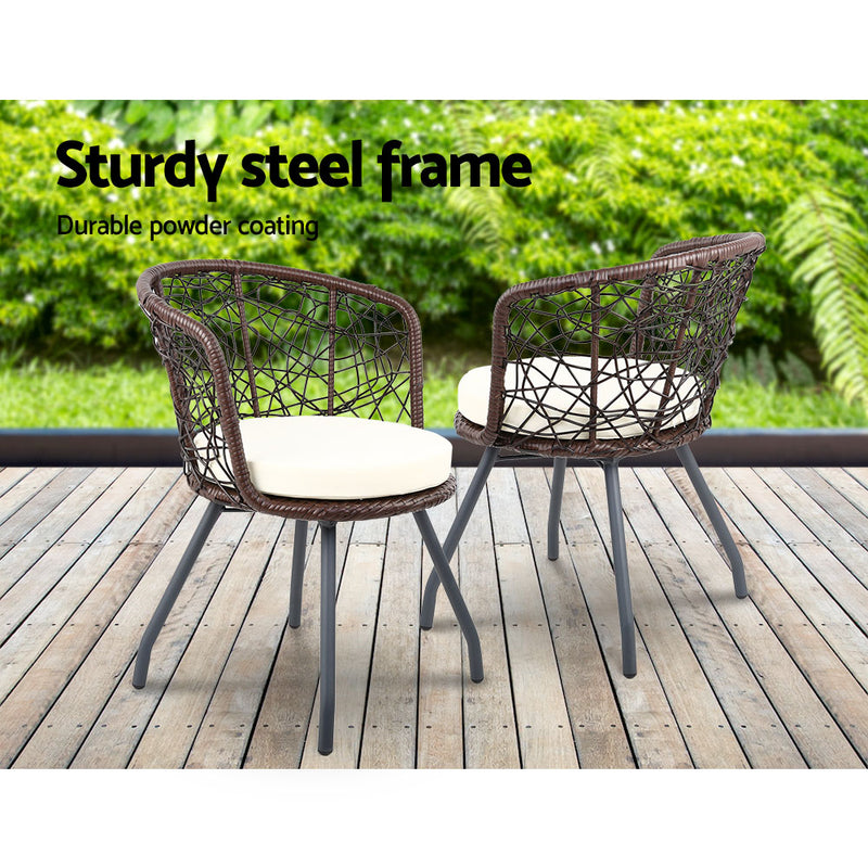 3 PC Outdoor Rattan Table & Chairs - Brown