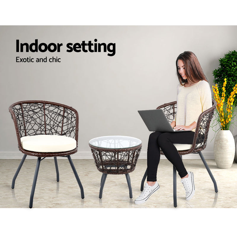3 PC Outdoor Rattan Table & Chairs - Brown