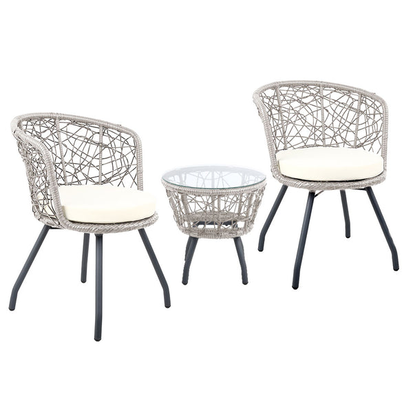 Gardeon 3PC Bistro Set Outdoor Furniture Rattan Table Chairs Patio Garden Cushion Grey