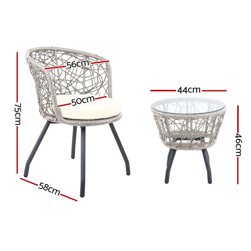 3 PC Outdoor Rattan Table & Chairs - Grey