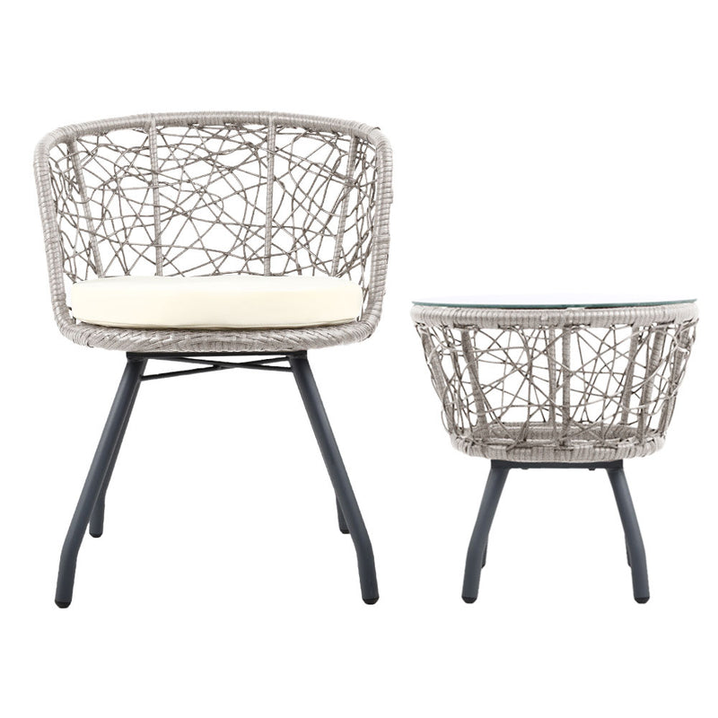 3 PC Outdoor Rattan Table & Chairs - Grey