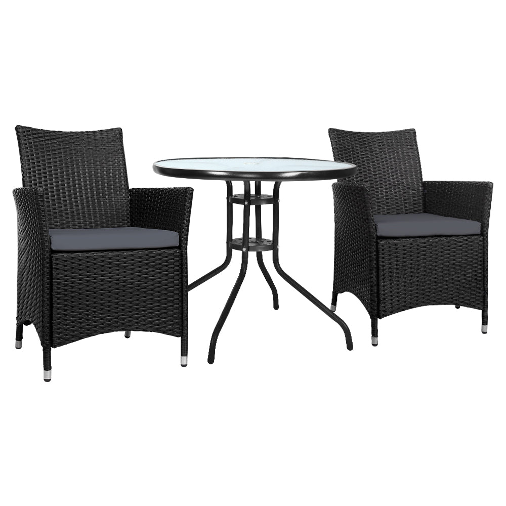 Arlo 3PC Bistro Set Outdoor Furniture Rattan Table Chairs Cushion Patio Garden Idris